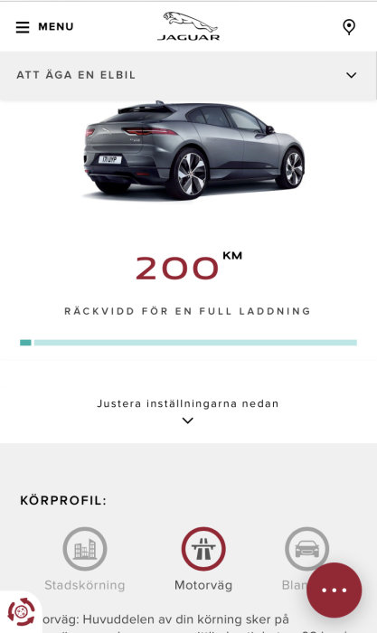 Elbil Jaguar I-PACE visar 200 km räckvidd för full laddning på skärm.