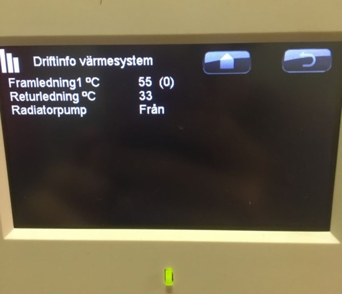 Display av värmesystem som visar temperaturer för framledning och returledning samt avstängd radiatorpump.