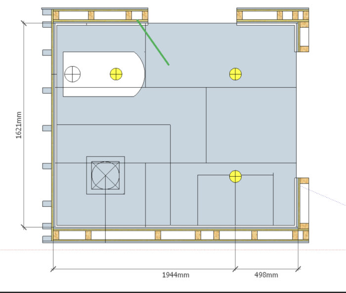 Ritning av ett badrum med dimensioner, inklusive plats för badkar och toalett, avsedd för kakelsättning.