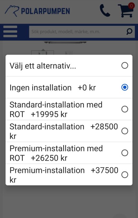 Skärmdump från Polarpumpen med prisalternativ för olika installationstyper av värmepump.