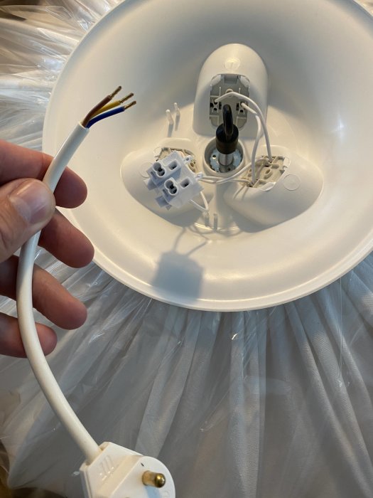 Hand håller elkabel med ojordat uttag bredvid lampa med två inkopplingspunkter, förfrågan om installation.