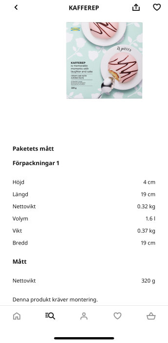 Förpackning av KAFFEREP gräddtårta med mandelmassa från IKEA, 4 bitar, delvis uppäten med produktdimensioner.