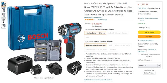 Bosch Professional 12V systemlös borrskruvdragare med tillbehör och förvaringsväska, erbjudande på Amazon.