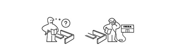 Illustration av två personer som monterar möbler, en med frågetecken och den andra läser instruktioner.