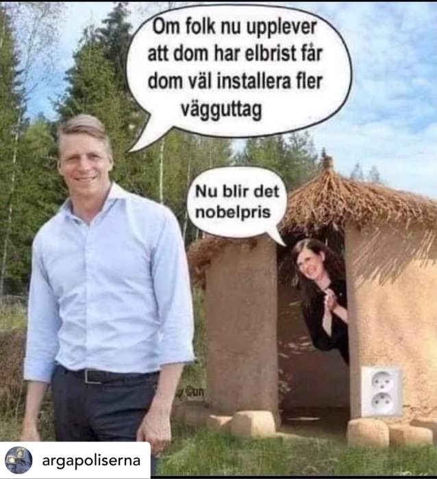 Man står bredvid lerhydda med strömuttag och kvinna i dörröppning, humoristiskt pratbubblor om elbrist.