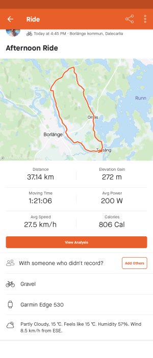 Cykelrutt på 37.14 km runt Borlänge noterad i aktivitetsapp, inklusive statistik som tid och kaloriförbränning.