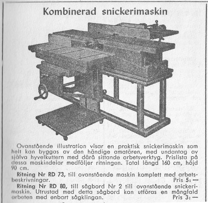 Svartvit ritning av en kombinerad snickerimaskin från en gammal postorderkatalog med beskrivning och priser.