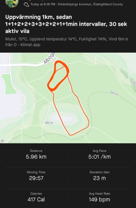 Löpsträcka visas av en träningsapp på kartan med statistik för distans, tid, tempo, höjdvinst, kalorier och puls.