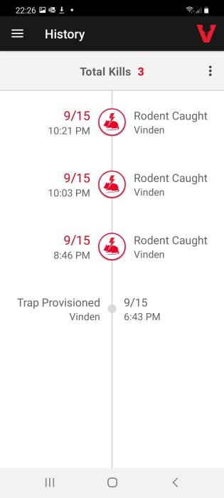 Skärmavbild av app som visar historik med tre fångade gnagare noterade under kvällen.