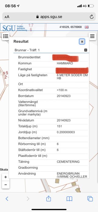 Skärmavbild från SGU:s brunnsarkiv som visar uppgifter om en energibrunn inklusive koordinater och borrhålsspecifikationer.