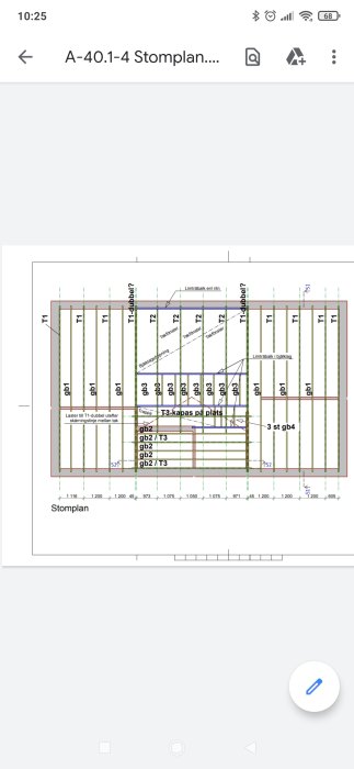 Arkitektonisk stompplan med mått och tekniska detaljer för byggprojekt.