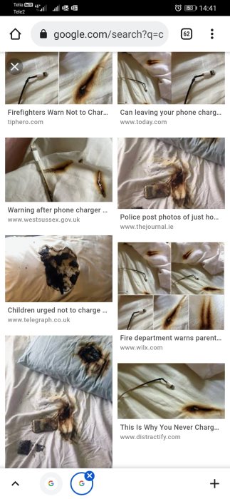 Collage av brända lakan och kuddar orsakade av mobilladdare och defekta kablar.