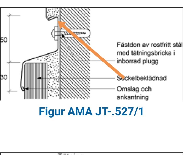 Teknisk ritning av väggdetalj med måttangivelser, markerad pil pekar på överbeslag och avslutning för putskanten.