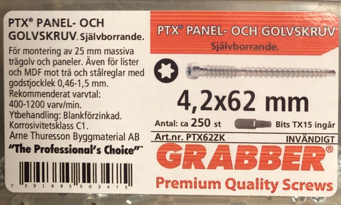 Förpackning av PTX panel- och golvvskruv 4,2x62 mm, självborrande, blankförzinkade med TX15-bits.