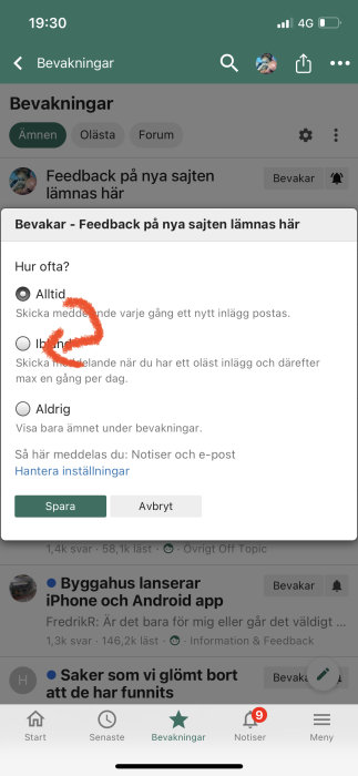 Skärmdump av bevakningsinställningar på ett forum med alternativ för notiser och e-postmeddelanden.