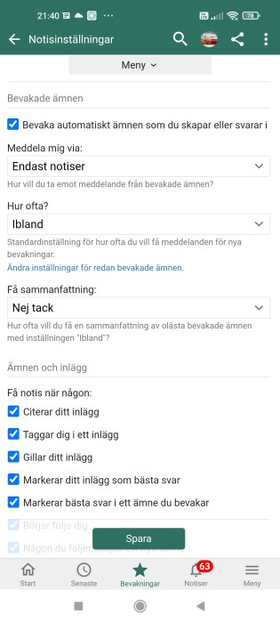 Skärmdump av notisinställningar i ett forum, med valda alternativ för automatisk bevakning och notistyper.