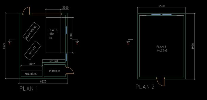 Arkitektonisk ritning av en byggnadsplan och sektion för ett garage med övervåning, inkluderar mått och rumsmarkeringar.