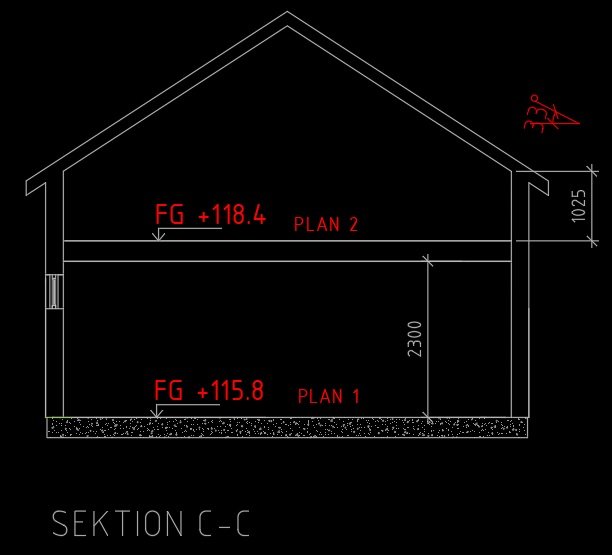 Teknisk ritning av sektion C-C för ett garage med övervåning, visar mått och nivåer för plan 1 och 2.