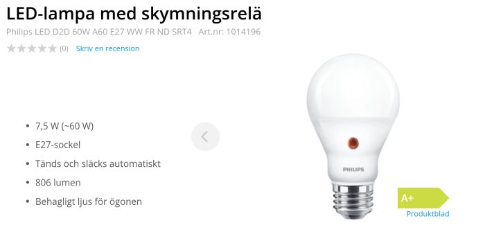 LED-lampa från Philips med E27-sockel och skymningsrelä, lyser med behagligt ljus på 806 lumen.