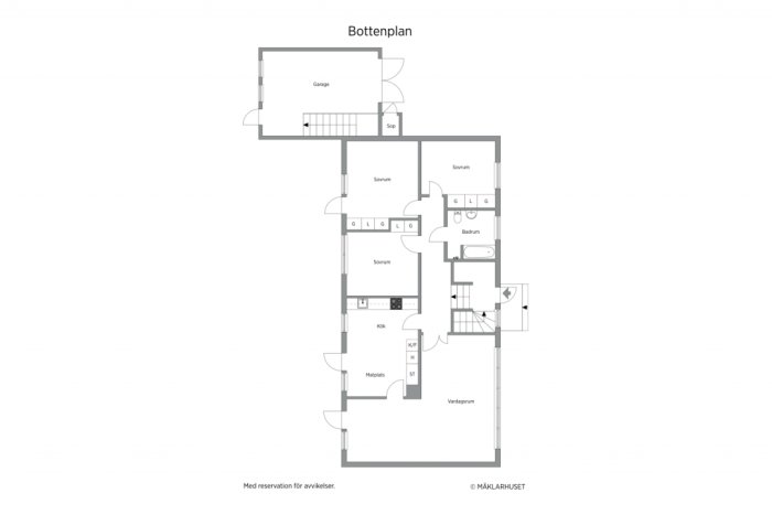 Planritning av ett enplanshus från Myresjöhus byggt 1971 med etiketter för rum som kök och vardagsrum.