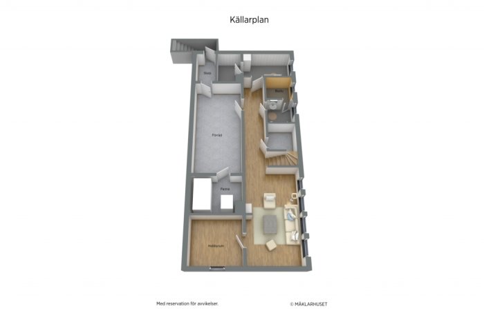 3D-planritning av en källarvåning i ett Myresjöhus från 1971, visar olika rum som bastu och hobbyrum.