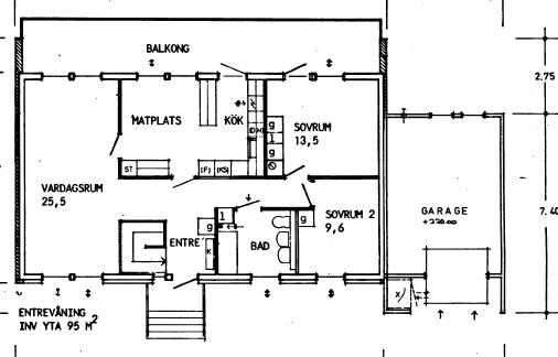 Svartvit ritning av en planlösning för ett Myresjöhus från 1978 med markerade rum som vardagsrum, kök och sovrum.