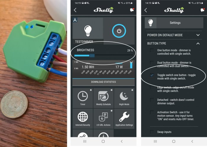 Shelly Dimmer switch vid sidan av mynt samt skärmdumpar av appens inställningar och ljusstyrka.