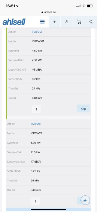 Skärmklipp av värmepumpsspecifikationer med artikelnummer och effektvärden från Ahlsell webbplats.