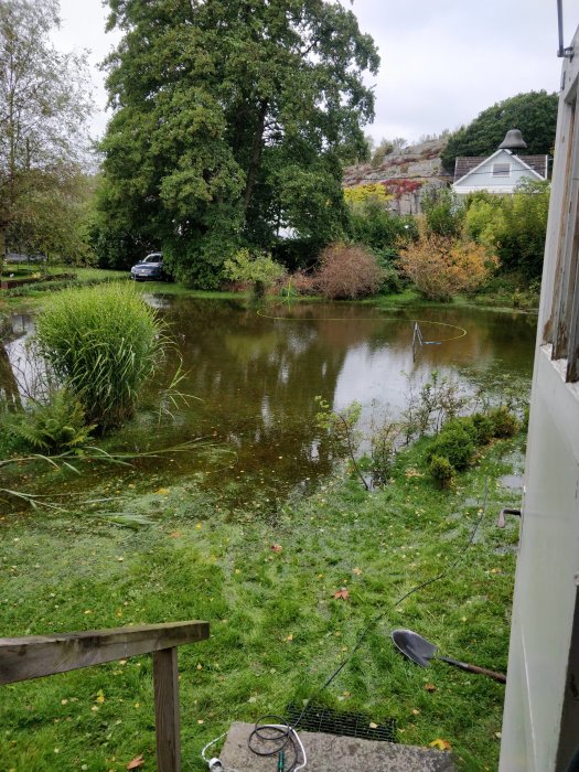 Översvämmad trädgård med spade i förgrunden och en vattenpump i en vattenfylld gräsmatta.