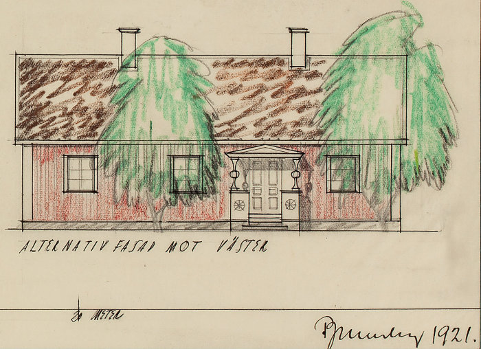 Handritad arkitekturskiss av ett hus från 1921 med texten "Alternativ fasad mot väster", visande fasad med dörr och fönster.