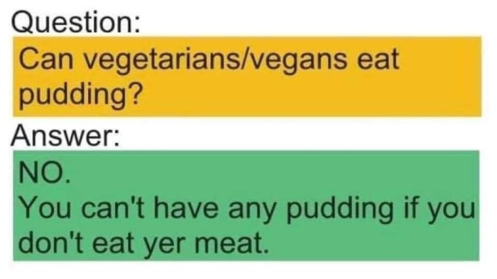 Textmem med frågan om vegetarianer/veganer kan äta pudding och ett skämtsamt svar som refererar till en låttext.