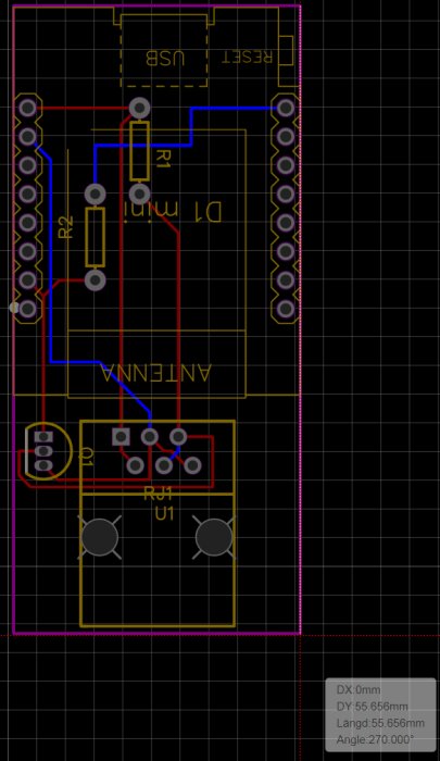 Elektronikskiss på ett kretskort (PCB) med mått, kontakter och komponentplacering.