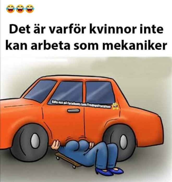 Illustration av orange bil med ben som sticker ut under, indikerande mekanikerarbete, och text som diskuterar kön och yrkesarbete.