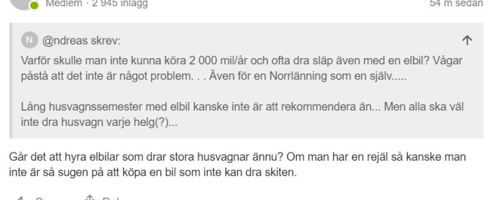 Skärmdump av ett foruminlägg som diskuterar dragvikten och ekonomiska aspekter av elbilar jämfört med dieselbilar.