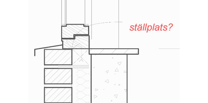 Arkitektonisk ritning av en byggnadssektion med markerad fråga om fönstrets ställplats, från 60-talet.