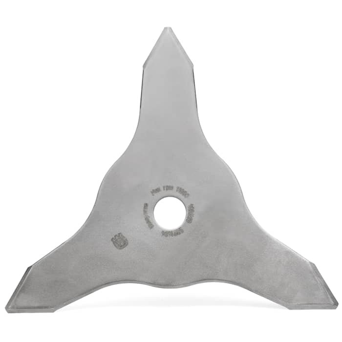Metallisk gräsklinga med tre spetsar för att fästas på en röjsåg.