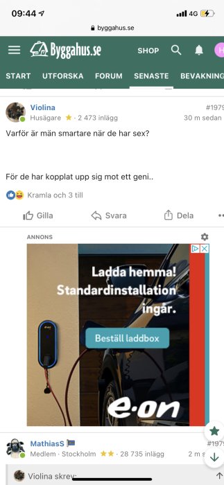 Reklam för hemmaladdbox för elbil med standardinstallation från e-on.