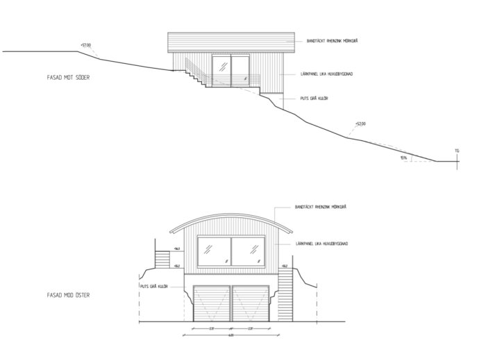 Arkitektritning av ett garage med plats för två bilar och ovanvåning samt platt välvt tak.