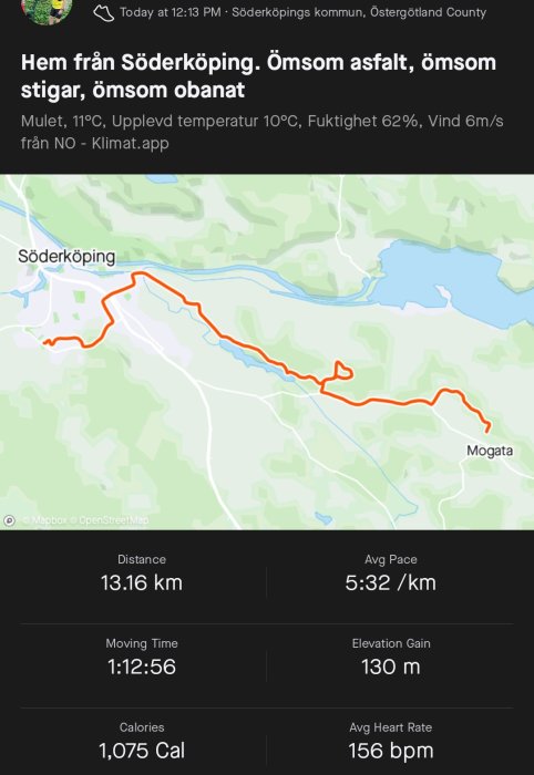 Löprutt på en karta som visar en sträckning från Söderköping till Mogata med statistik: distans, tid, kaloriförbrukning och genomsnittspuls.