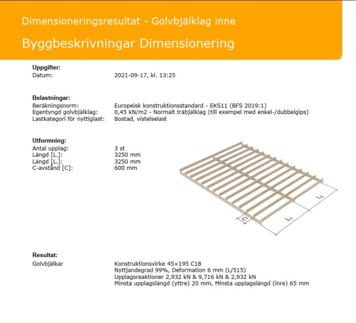 Resultatsida från dimensioneringsverktyg för golvbjälklag inne med tekniska specifikationer och en schematisk illustration av bjälklaget.