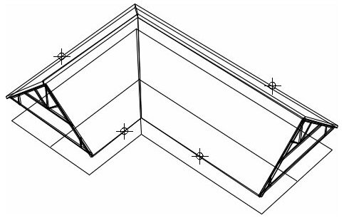 L-muotoinen kattoristikko piirros, jossa ristikot kohtaavat kulmassa. Näkyy sadekatettu rakenne ilman katteita, noin 35 asteen kaltevuus.