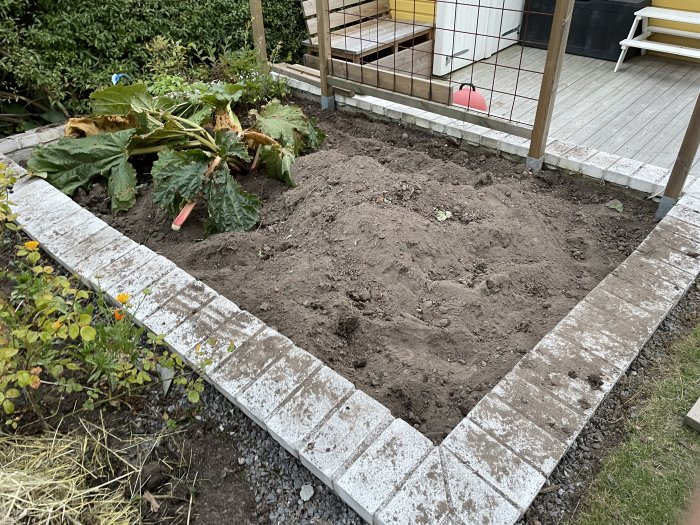 Nyrensad jord med vit kantsten i trädgård vid trädäck, rester av växter i hörn.