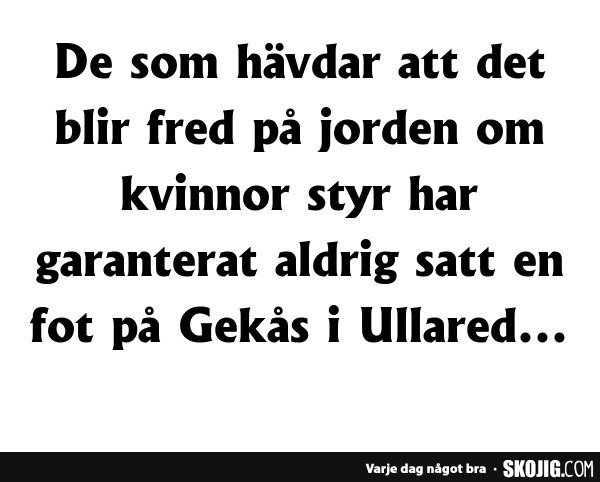 Text på bild: "De som hävdar att det blir fred på jorden om kvinnor styr har garanterat aldrig satt en fot på Gekås i Ullared...