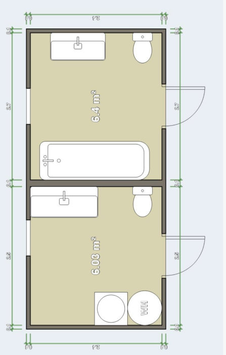 Ritning av ett badrum och tvättstuga, med dimensioner och placering av badkar, handfat, toalett och tvättmaskin.