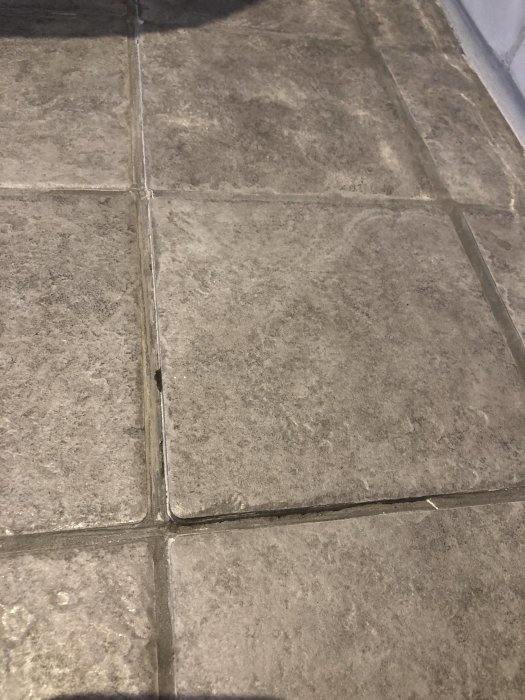 Golvplattor med spruckna fogar och en lös platta nära dörrlisten i ett badrum.