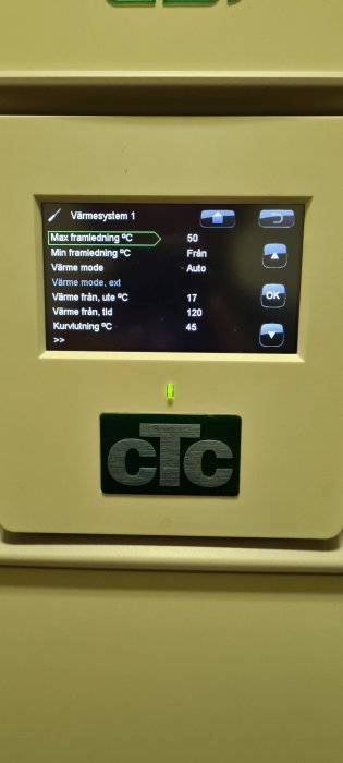 Digital display av värmesystem som visar inställningar för max och min framledningstemperatur.
