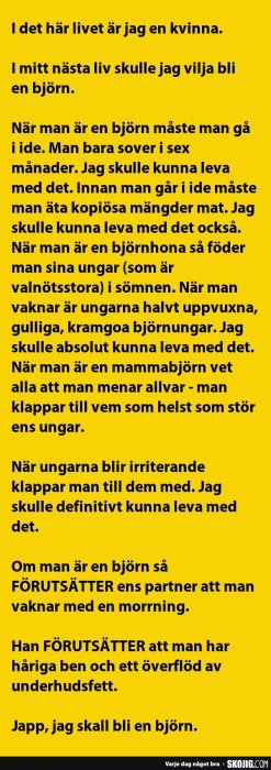 Humoristisk text om att vara en björn som talar om sova i ide och björnungar mot gul bakgrund.