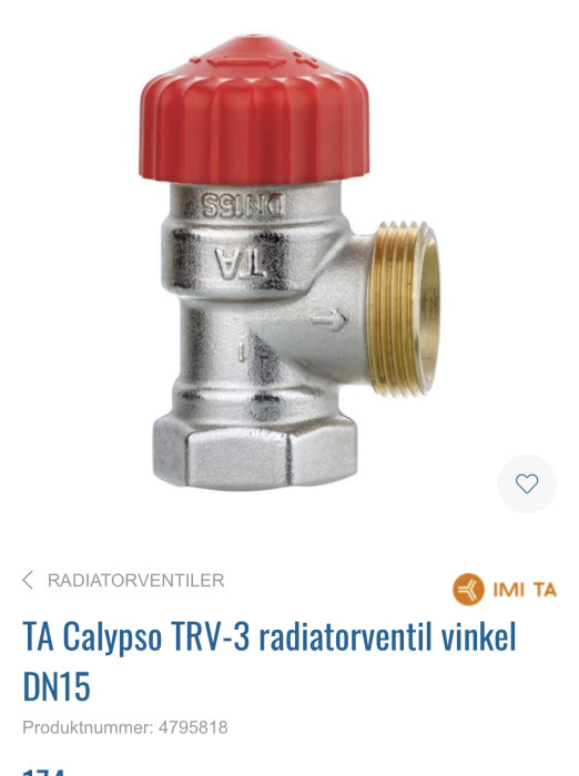 TA Calypso TRV-3 radiatorventil vinkel DN15 med röd ratt och gängade anslutningar.