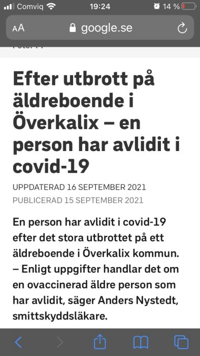 Skärmbild av en nyhetsartikel om ett COVID-19 utbrott på ett äldreboende i Överkalix.