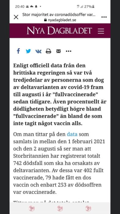 Skärmbild av en artikel från Nya Dagbladet om vaccinerade och dödlighet i covid-19.